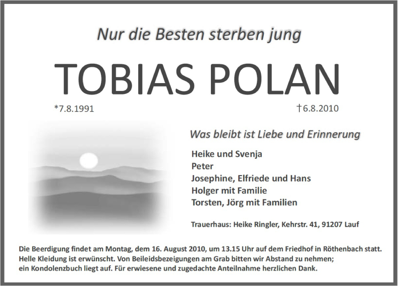  Traueranzeige für Tobias Polan vom 16.08.2010 aus Pegnitz-Zeitung
